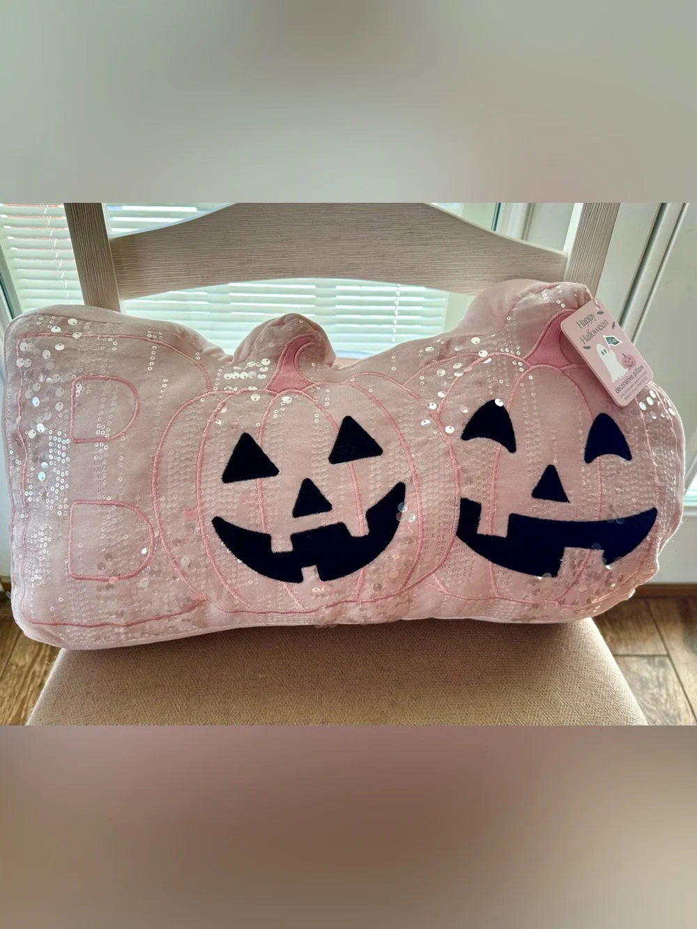 Pink Halloween BOO Pillow Jack O’ Lantern Pumpkin Sequins Velvety Soft NWT